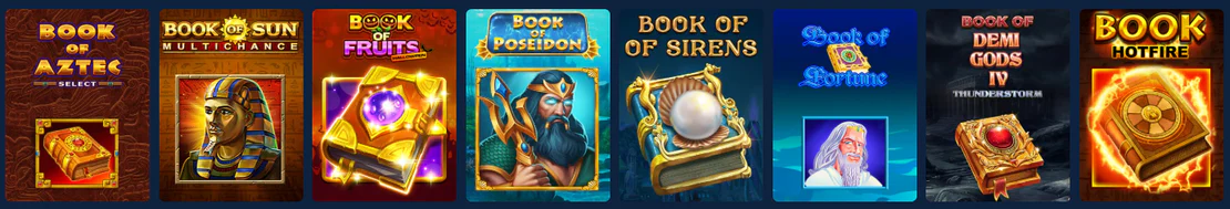 Betmac Casino book-themed slots including Book of Aztec, Book of Sun, Book of Fruits, Book of Poseidon, Book of Sirens, Book of Fortune, Book of Demi Gods IV and Book Hotfire
