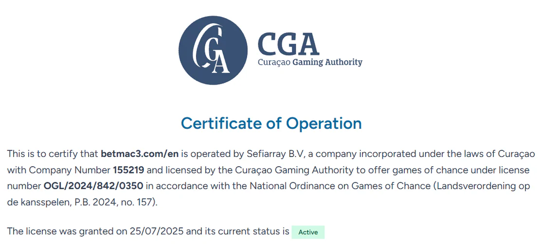 Betmac Casino Curaçao Gaming Authority certificate of operation issued to Sefiarray B.V. under active licence OGL/2024/842/0350